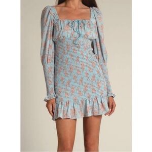 Cistar New York All Over Smocked Floral Mini Dress‎ Peasant Blue NWT Size small